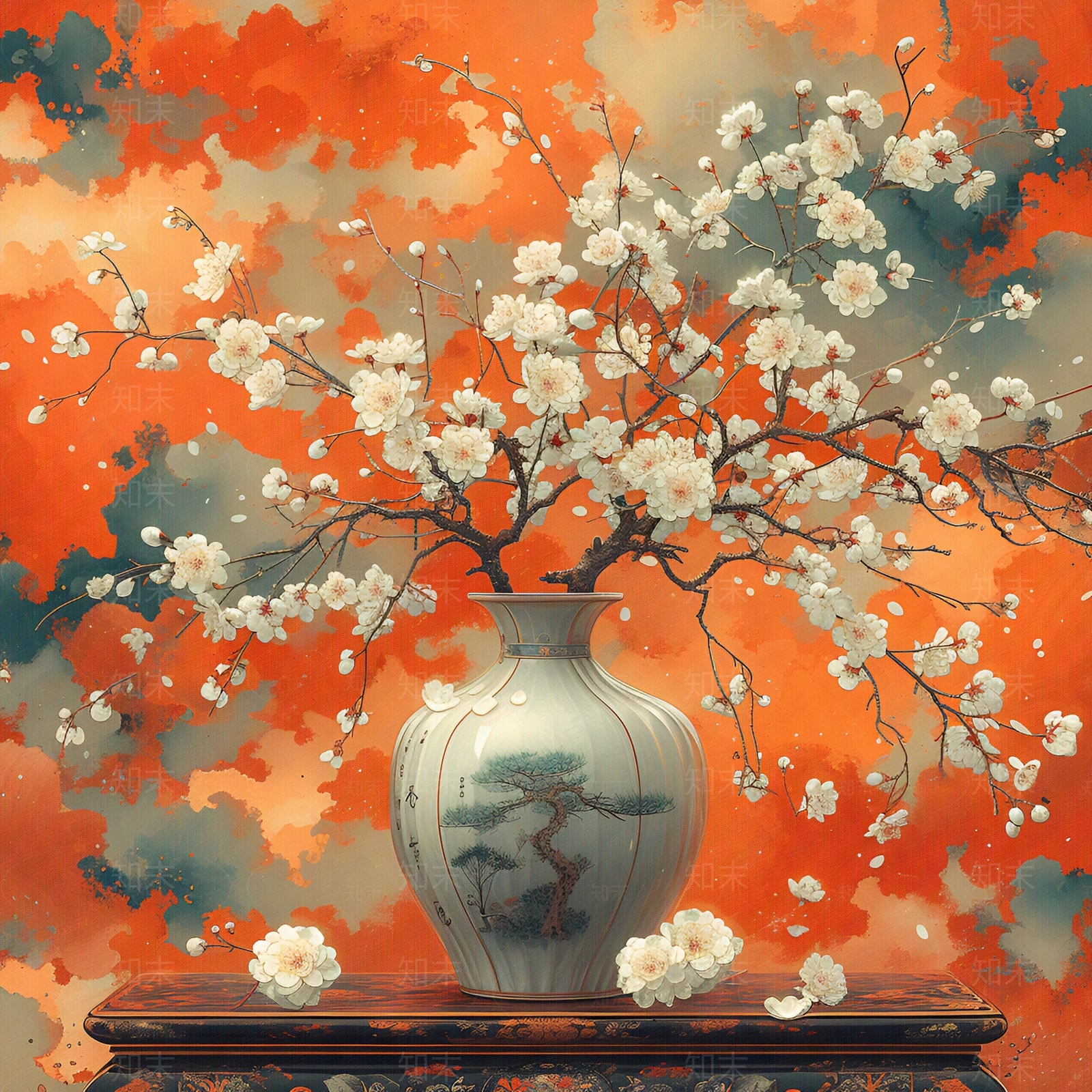 新中式红色山水背景前花瓶与白梅装饰画贴图下载【ID:1154121324】