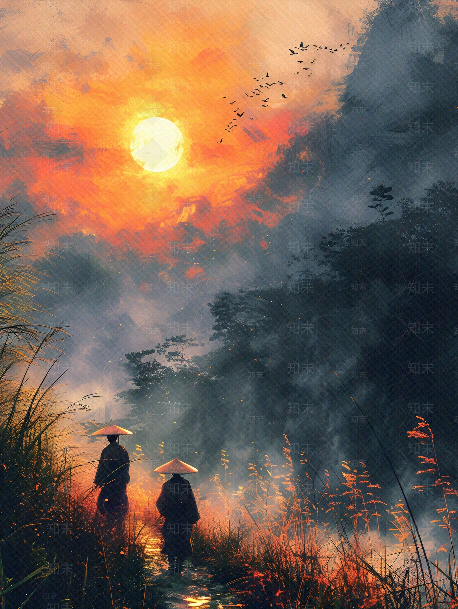 中式夕阳西下武侠壁纸壁画贴图下载【ID:1154121875】