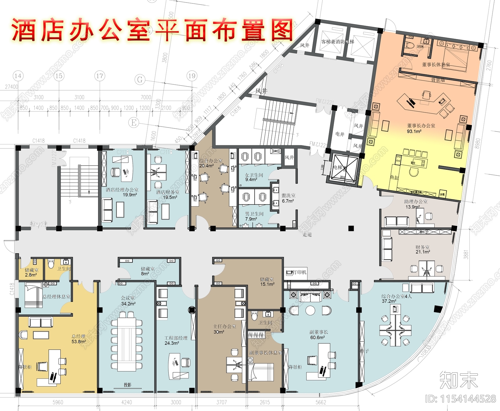 800m²酒店办公室平面布置图cad施工图下载【ID:1154144528】