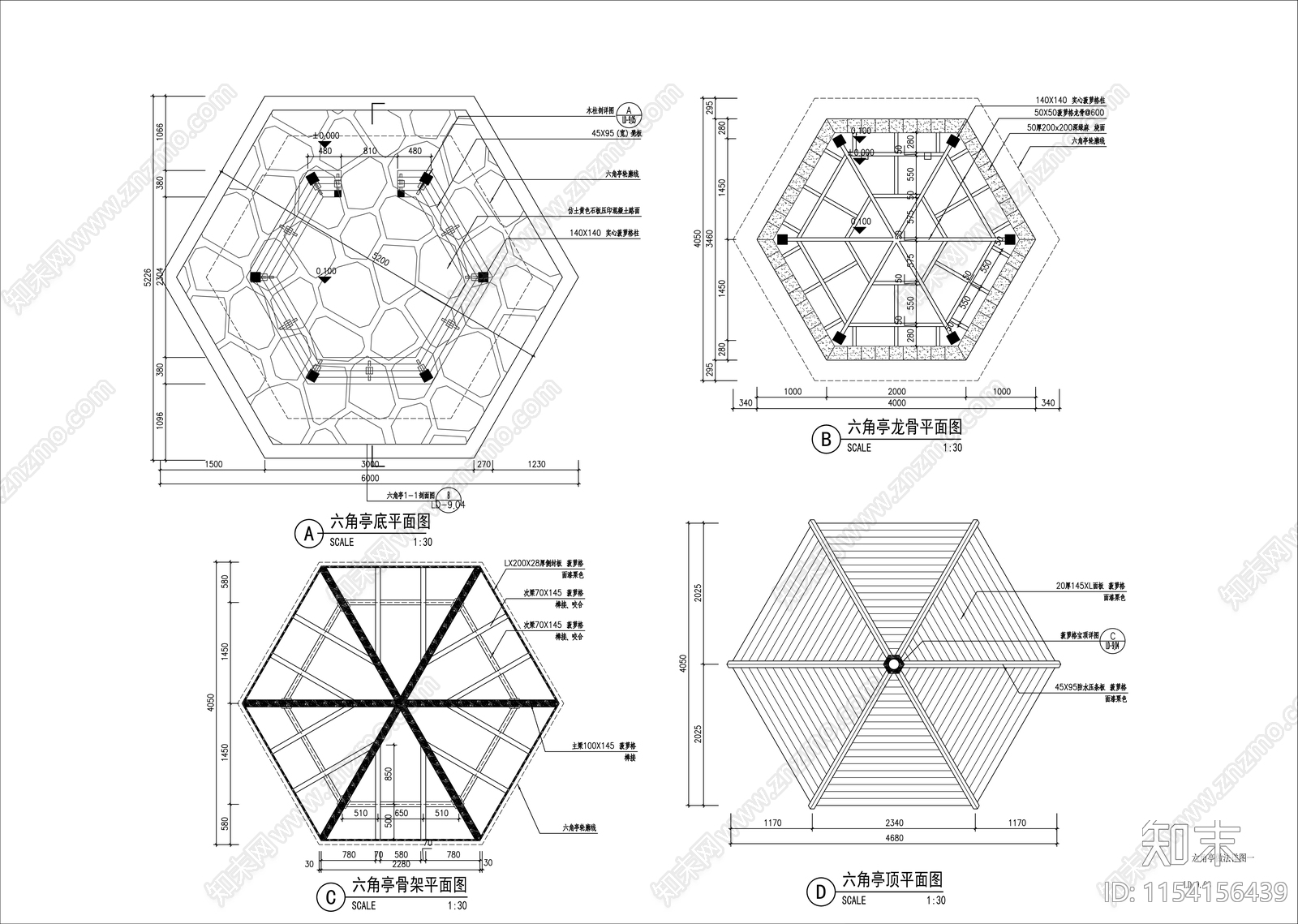 六角廊架cad施工图下载【ID:1154156439】