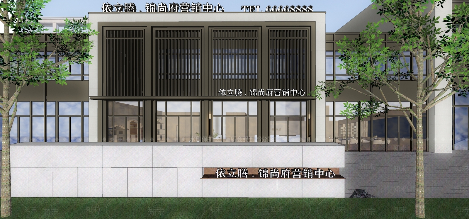 新中式售楼处外立面及景墙SU模型下载【ID:1154186520】