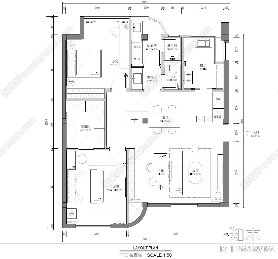 法式风格平层室内cad施工图下载【ID:1154185924】