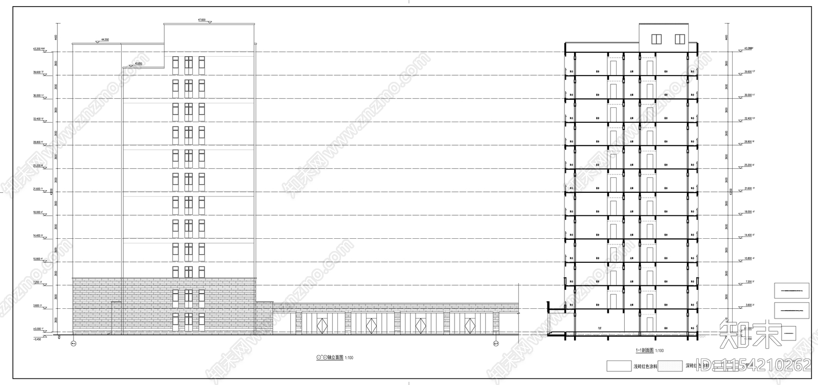 十二层现代风格框架结构宿舍楼建筑cad施工图下载【ID:1154210262】