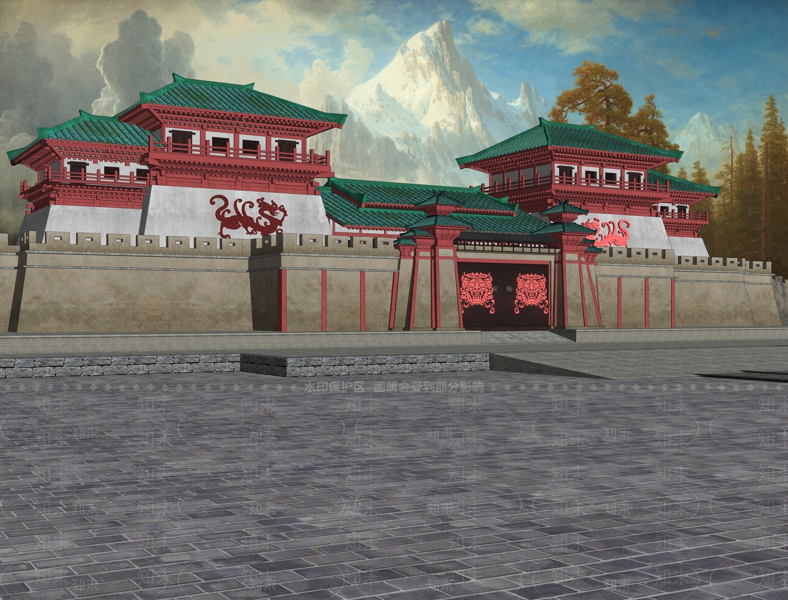 中式秦汉建筑宫殿城门SU模型下载【ID:1154214133】