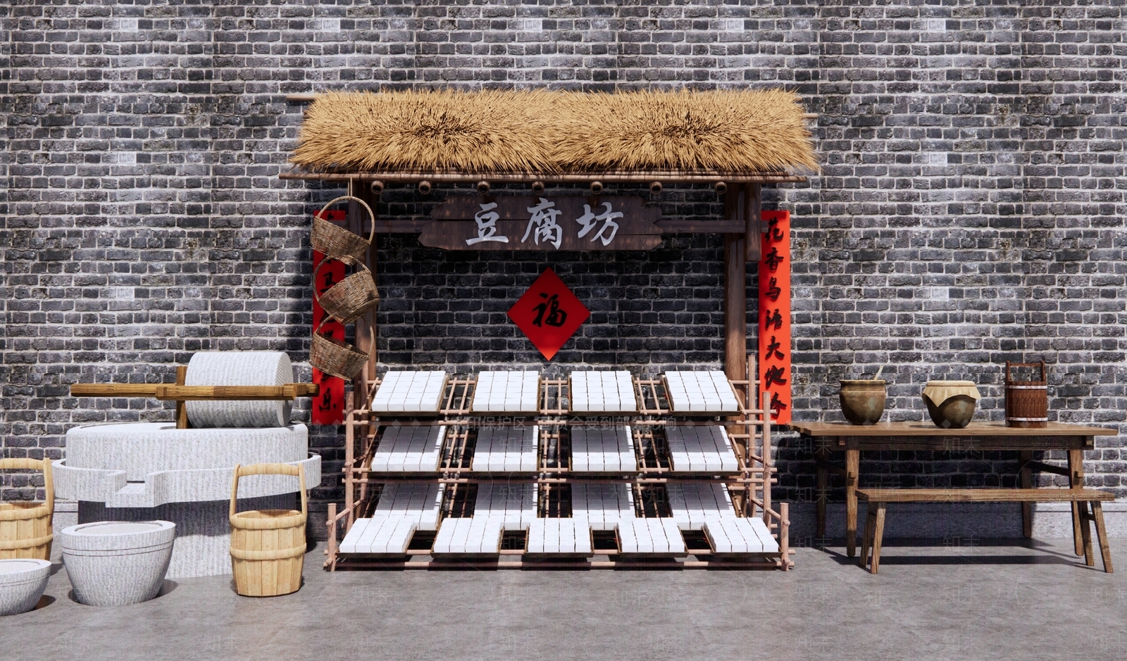 中式农家豆腐手工作坊摊位SU模型下载【ID:1154226305】