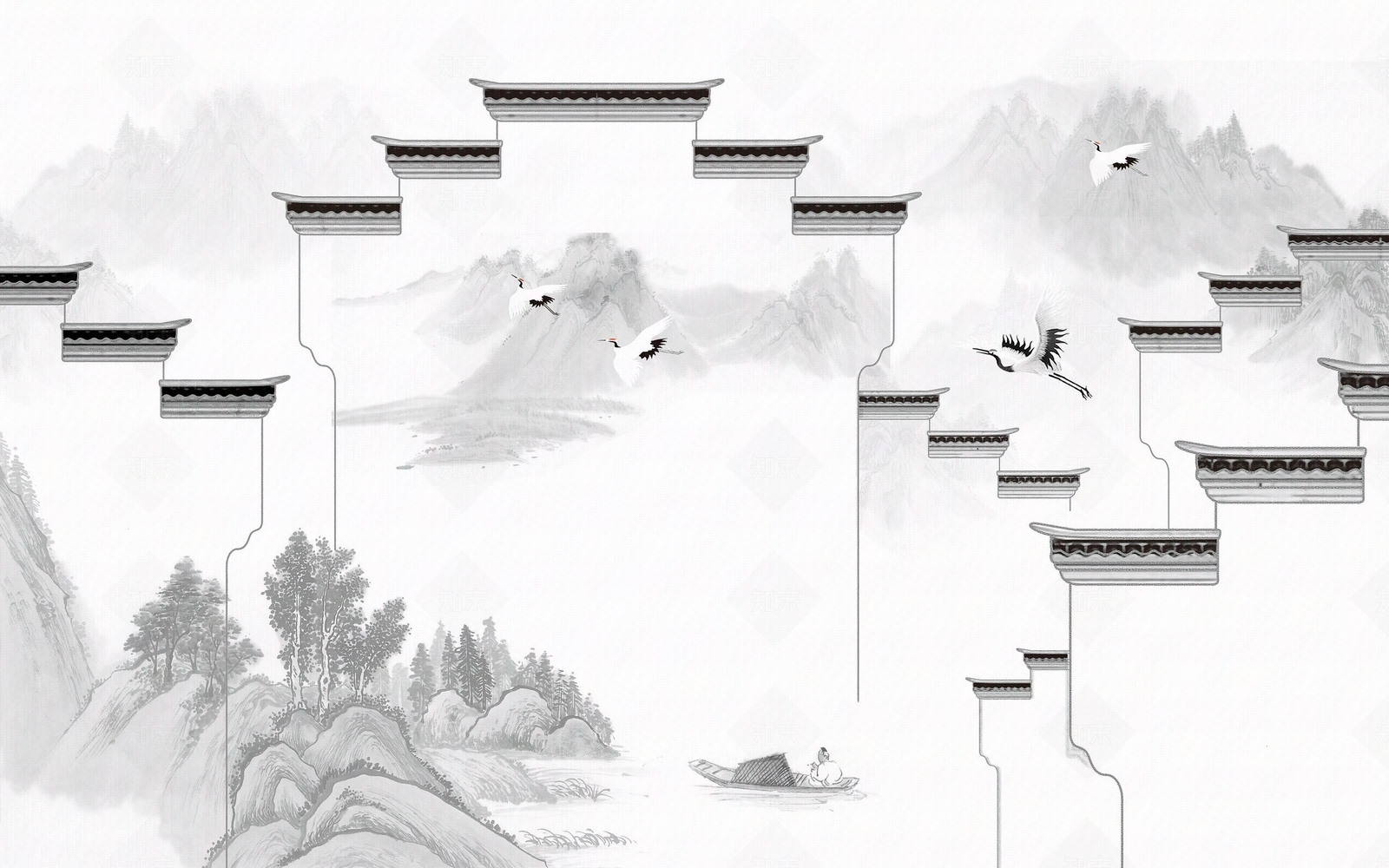 中式徽派建筑装饰画贴图下载【ID:1154251953】