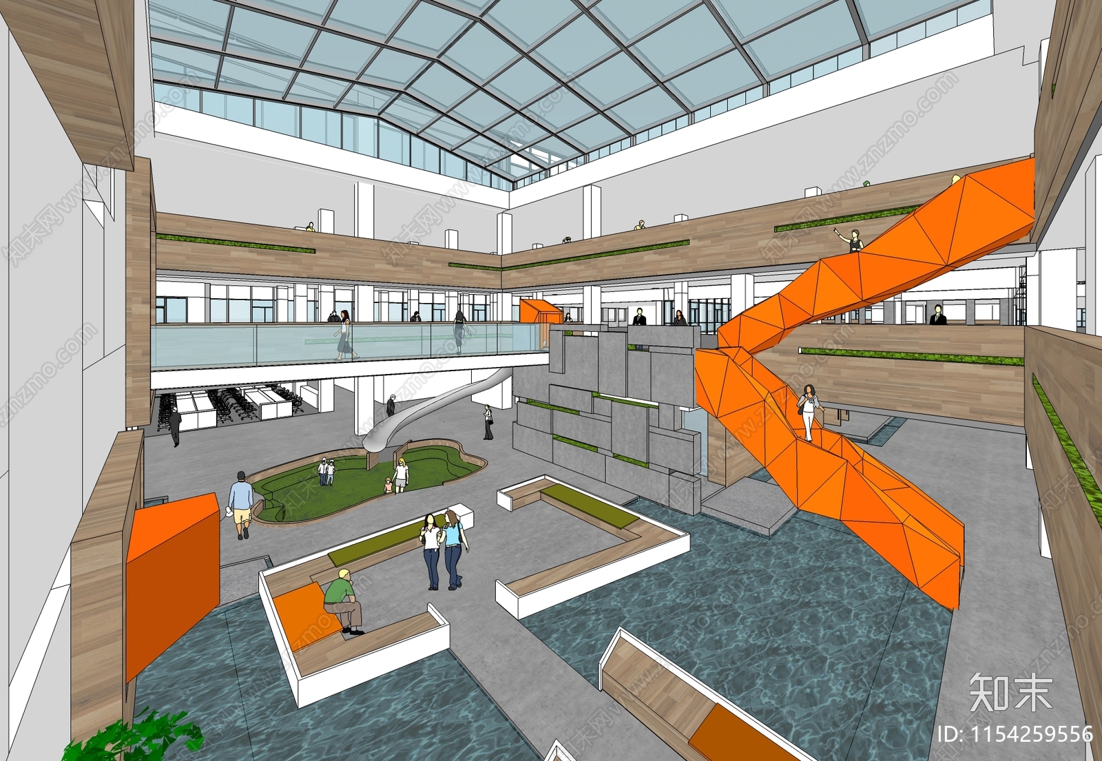 现代办公水系丰富多彩中庭空间SU模型下载【ID:1154259556】