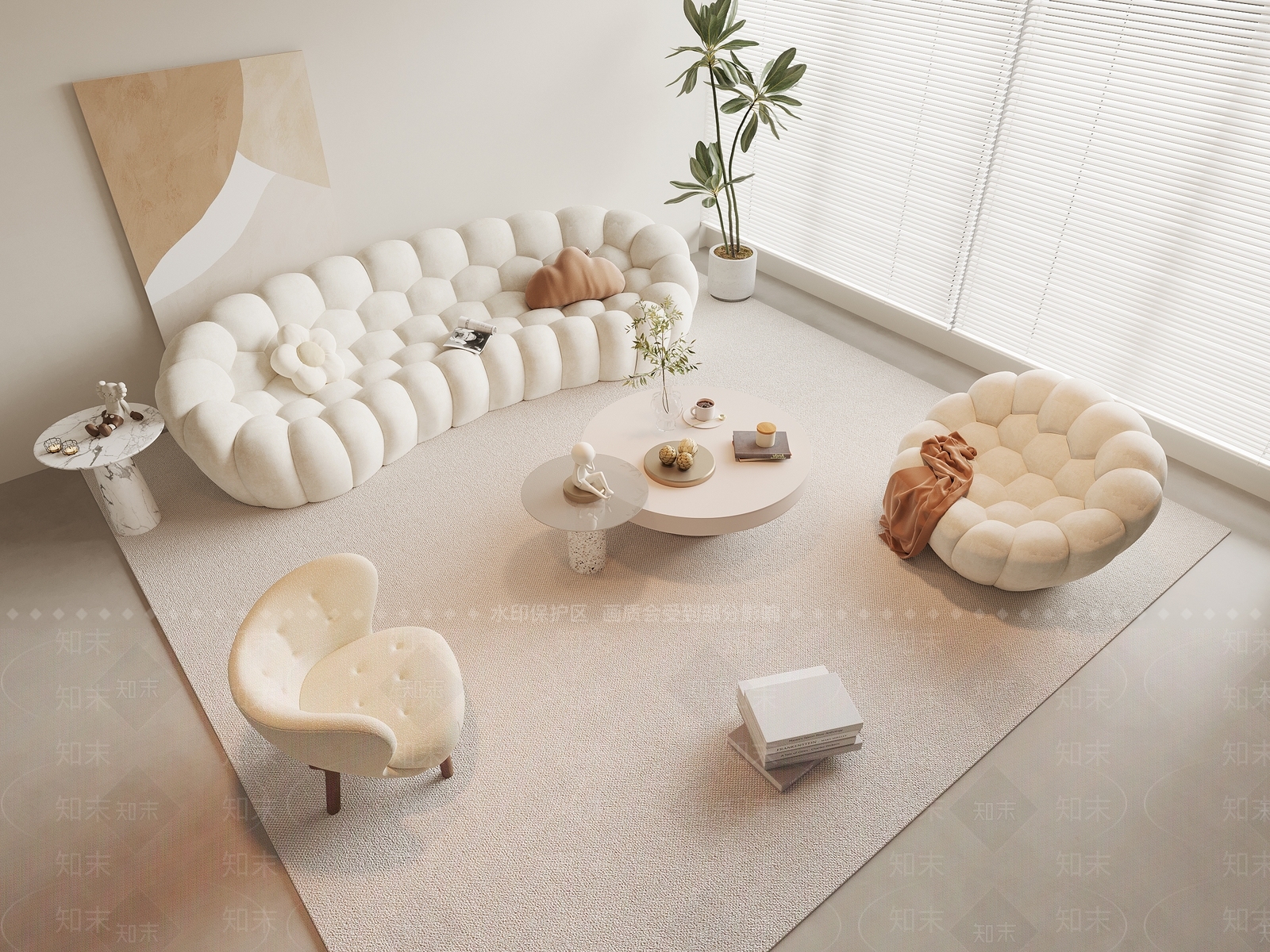 现代奶油风沙发茶几组合3D模型下载【ID:1154302550】