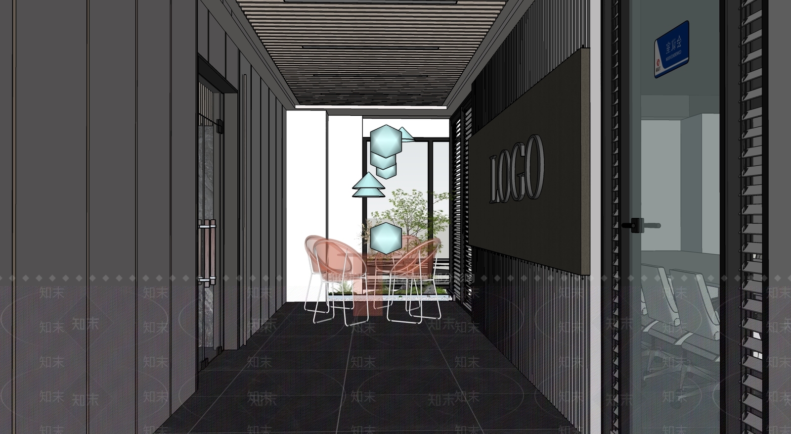 现代办公走廊SU模型下载【ID:1154313587】