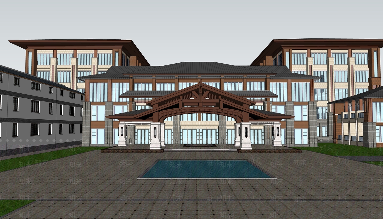 新中式度假酒店建筑SU模型下载【ID:1154326618】
