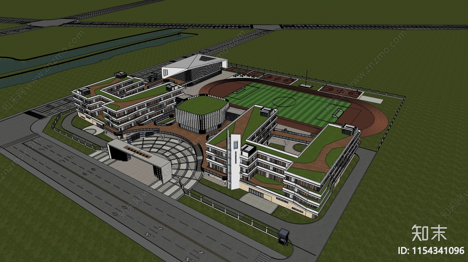 现代中学学校建筑SU模型下载【ID:1154341096】