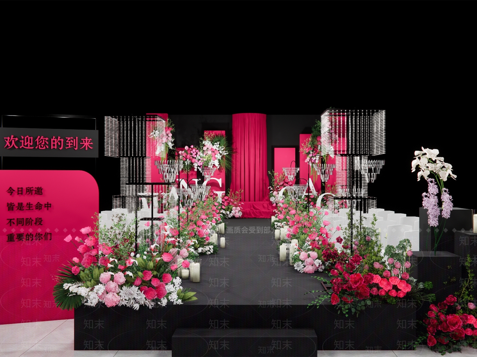现代洋红色布幔水晶婚礼宴会厅SU模型下载【ID:1154345167】