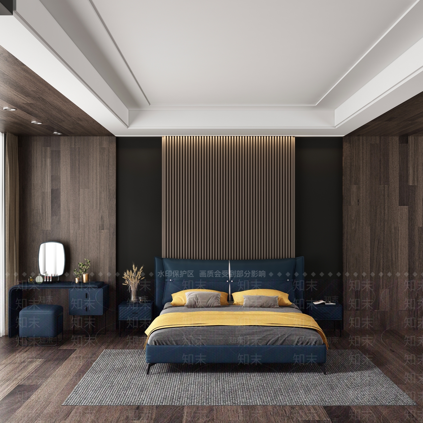 深蓝色软包双人床双人床3D模型下载【ID:1227566840】