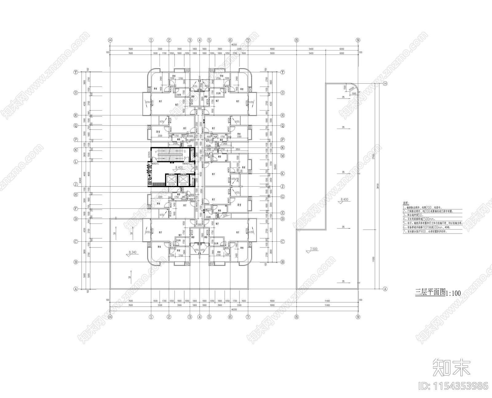 高层商务住宅区建筑cad施工图下载【ID:1154353986】