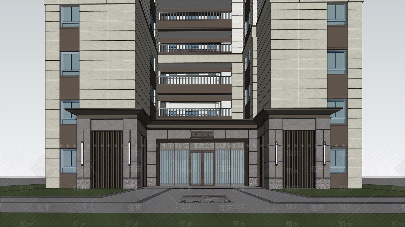 现代高层住宅单元门SU模型下载【ID:1154365220】