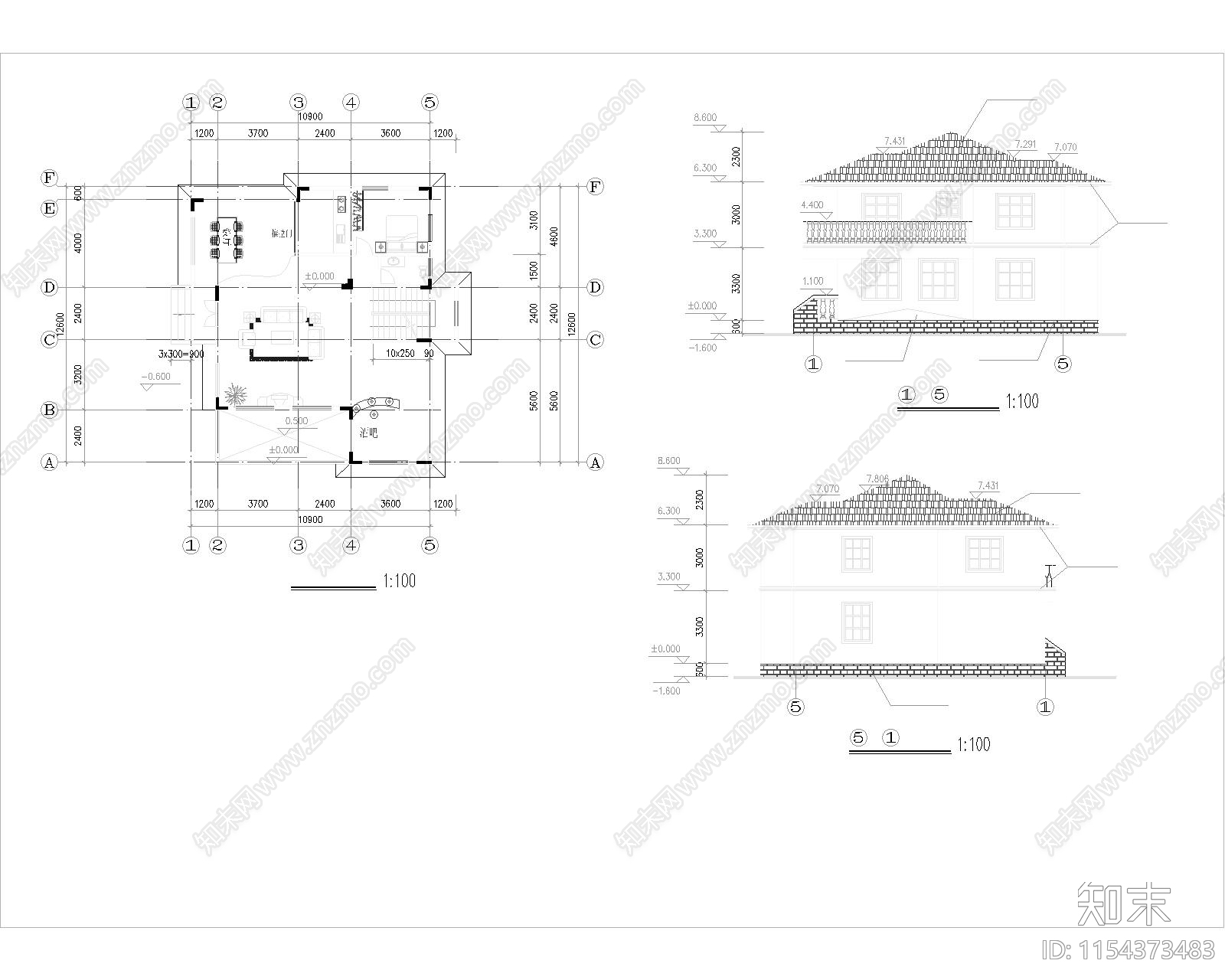 别墅建筑cad施工图下载【ID:1154373483】