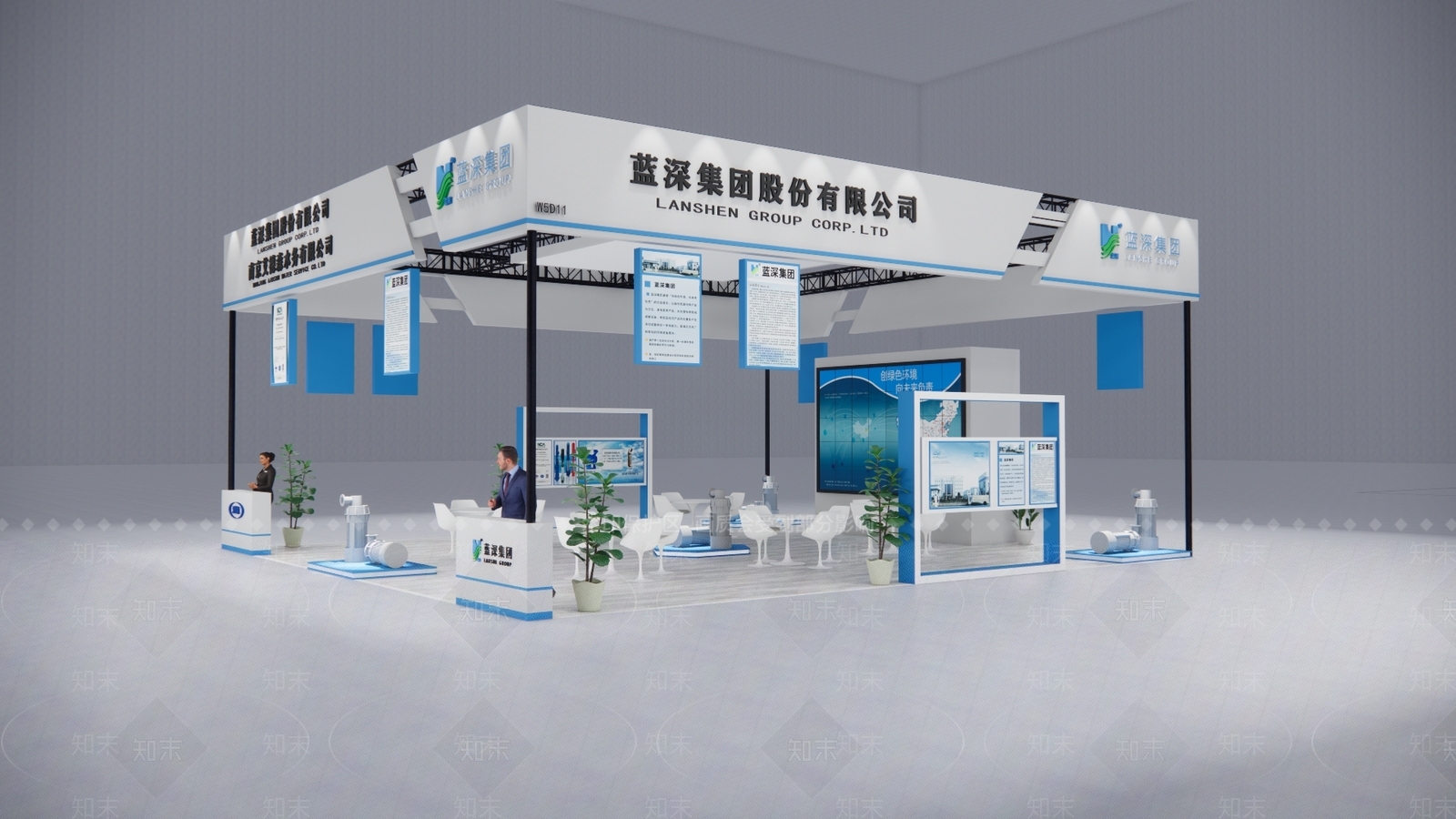 现代简约桁架蓝白系机电展台含灯光SU模型下载【ID:1154376757】