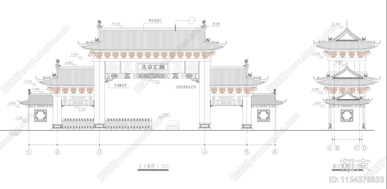 新中式大门图纸cad施工图下载【ID:1154376833】