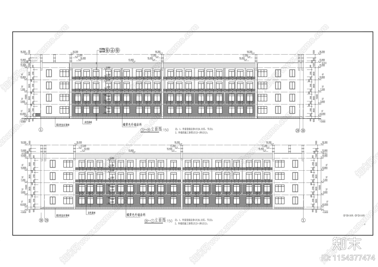 4层回字形小学教学楼建筑cad施工图下载【ID:1154377474】