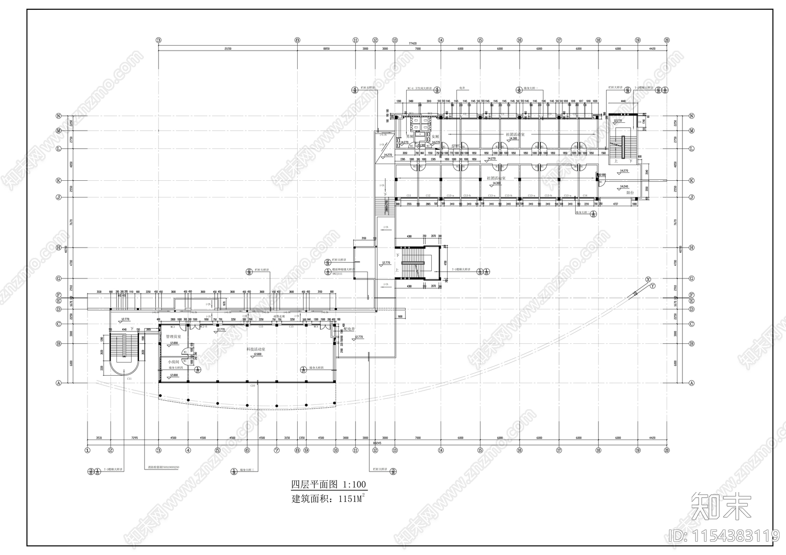 医学院四层学生活动中心建筑cad施工图下载【ID:1154383119】