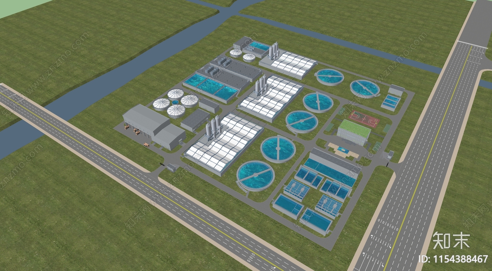 现代污水处理厂SU模型下载【ID:1154388467】