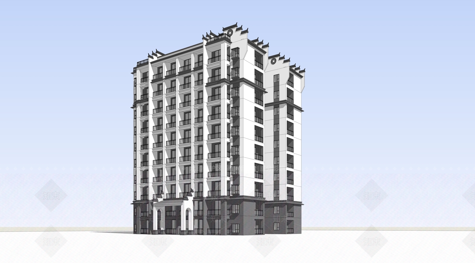 新中式马头墙高层住宅SU模型下载【ID:1154396749】