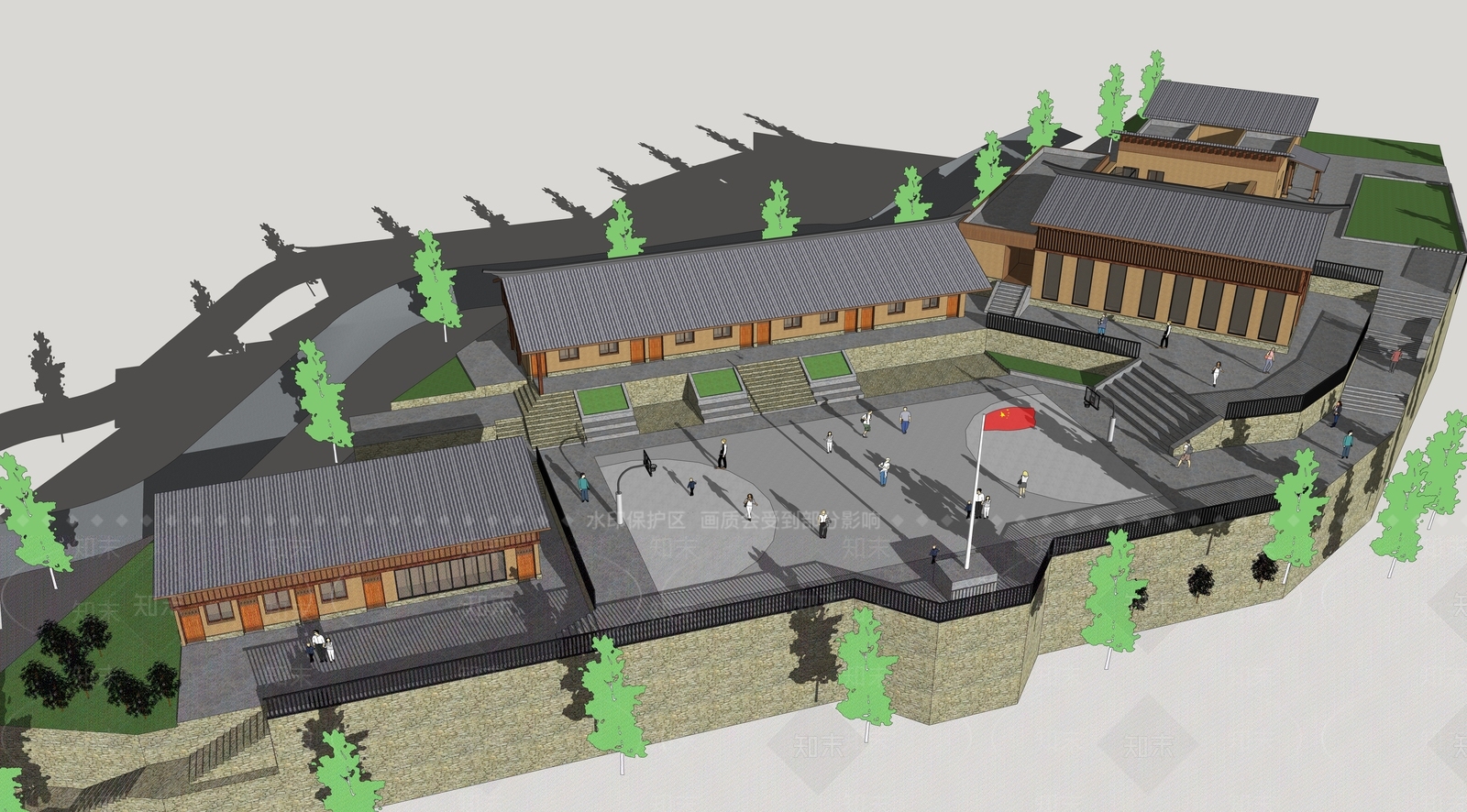 新中式特色坡地小学SU模型下载【ID:1154399939】