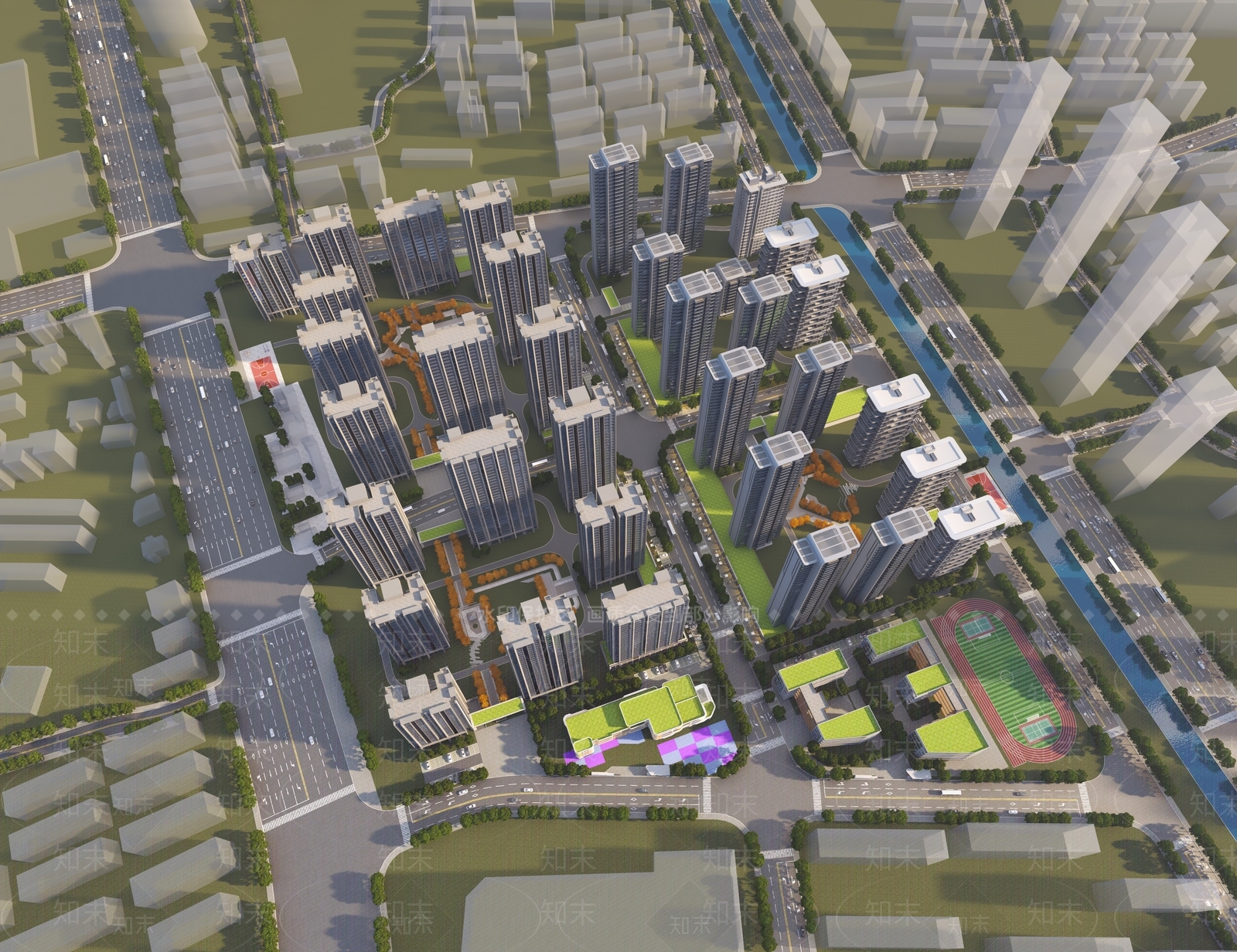 现代住宅区鸟瞰图3D模型下载【ID:1154401965】