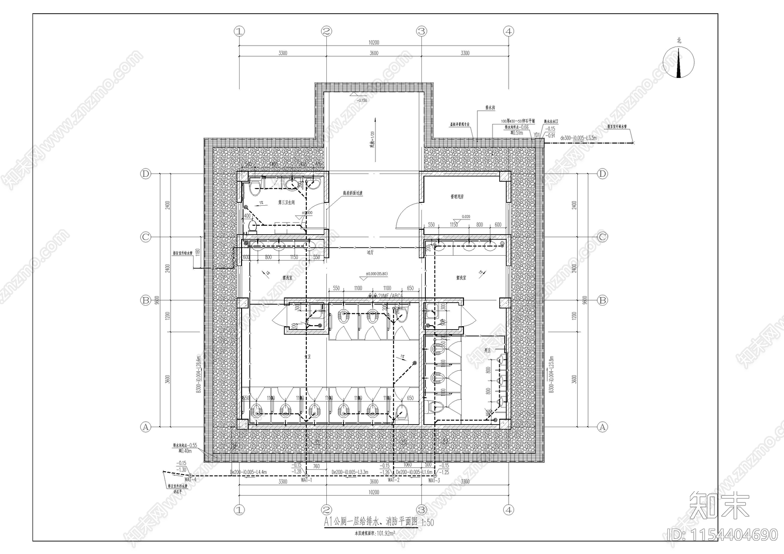 四个公厕给排cad施工图下载【ID:1154404690】