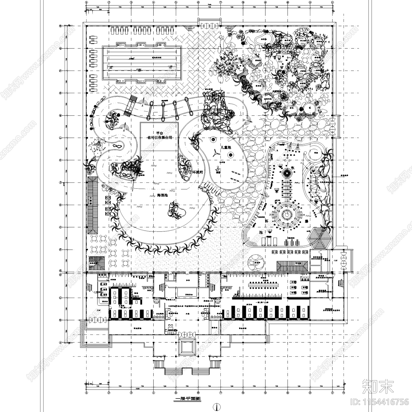 水上乐园游乐场滨水休闲景观平面cad施工图下载【ID:1154416756】