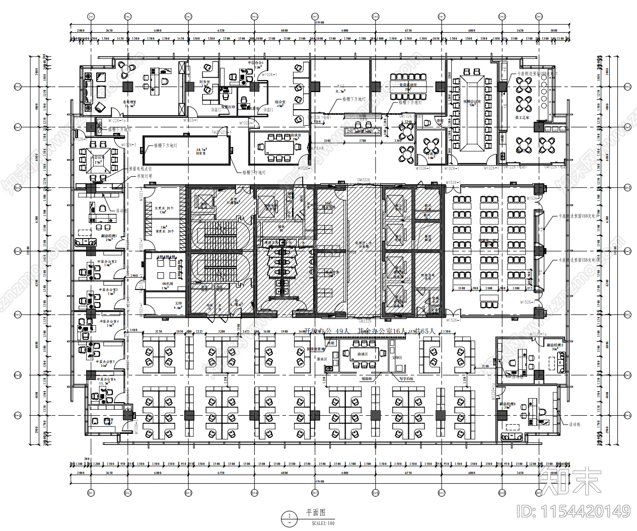 2000㎡办公室cad施工图下载【ID:1154420149】