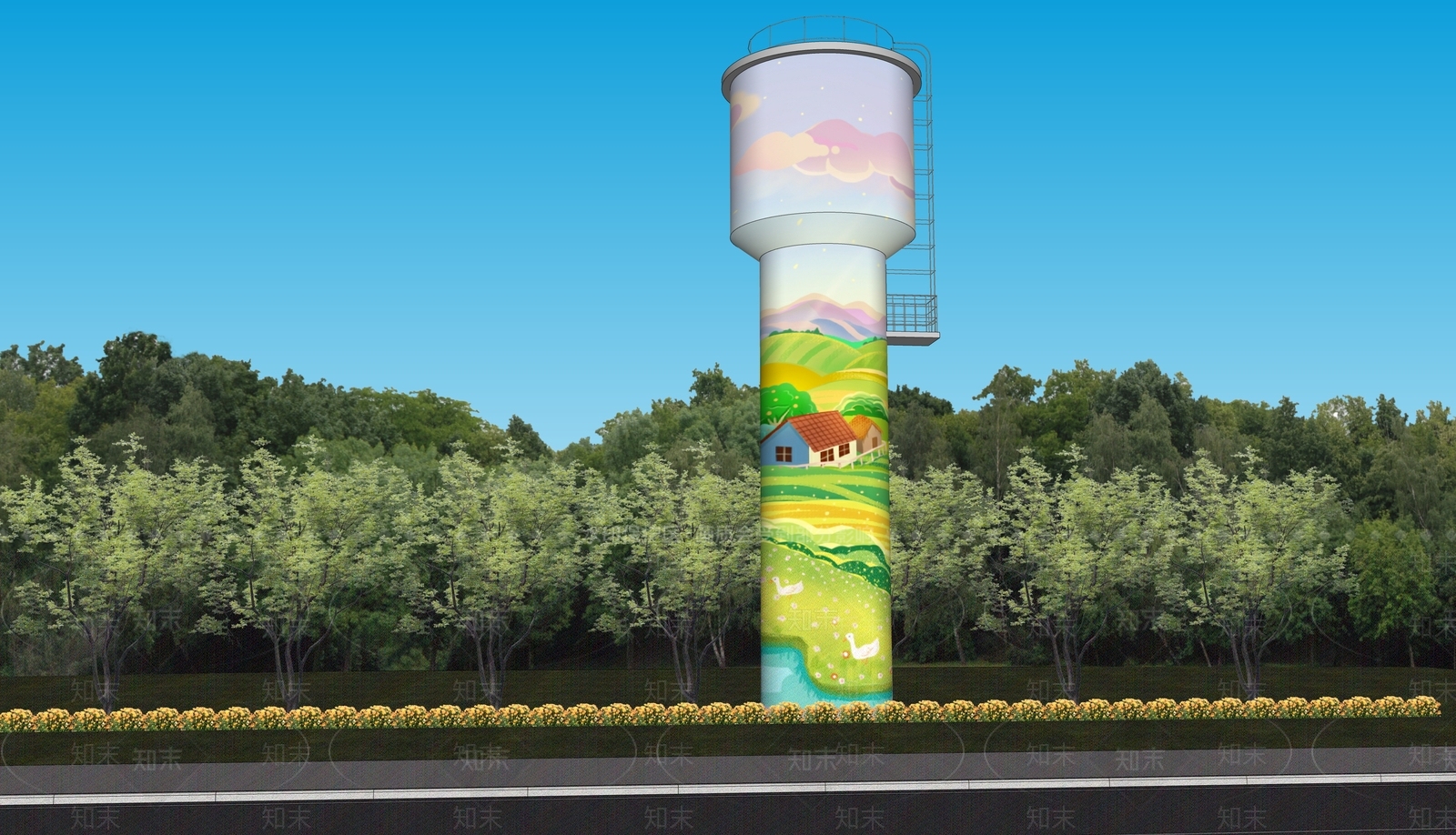 现代水塔墙绘美化改造SU模型下载【ID:1154423631】