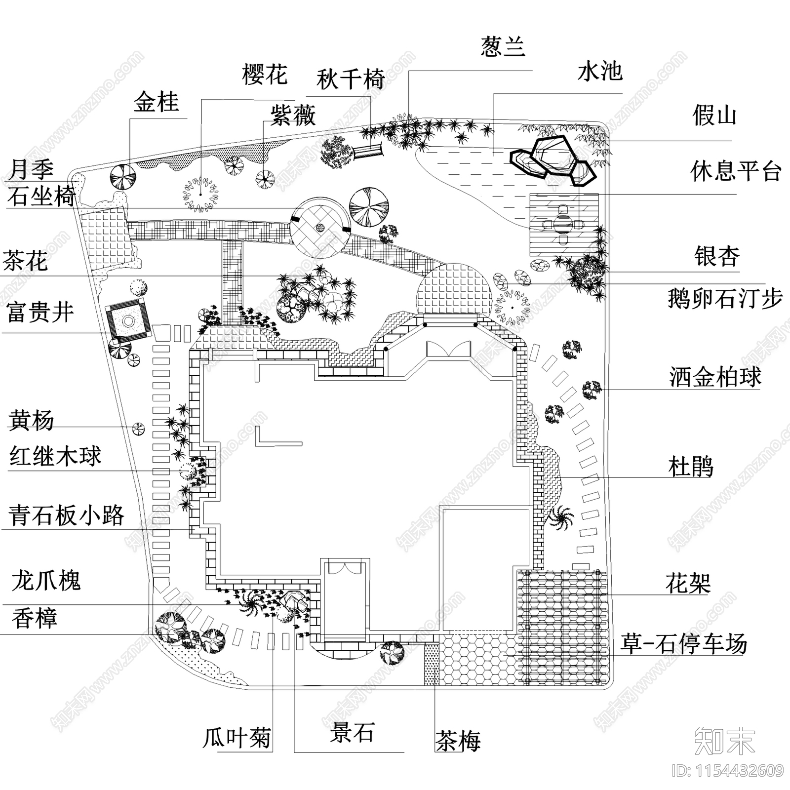 别墅庭院花园屋顶花园景观植物绿化平面CAD施工图下载【ID:1154432609】