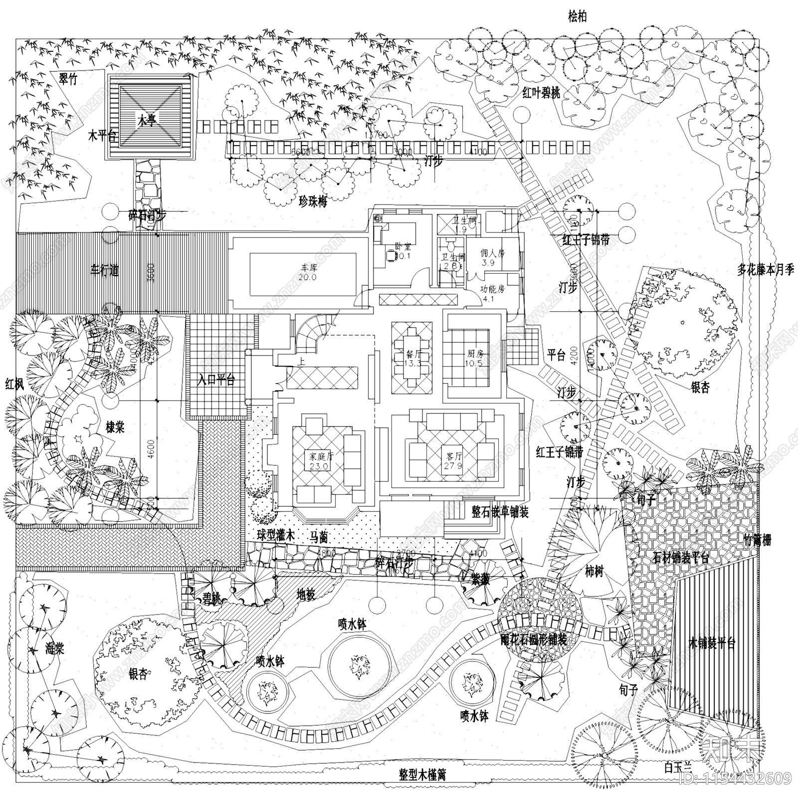 别墅庭院花园屋顶花园景观植物绿化平面CAD施工图下载【ID:1154432609】