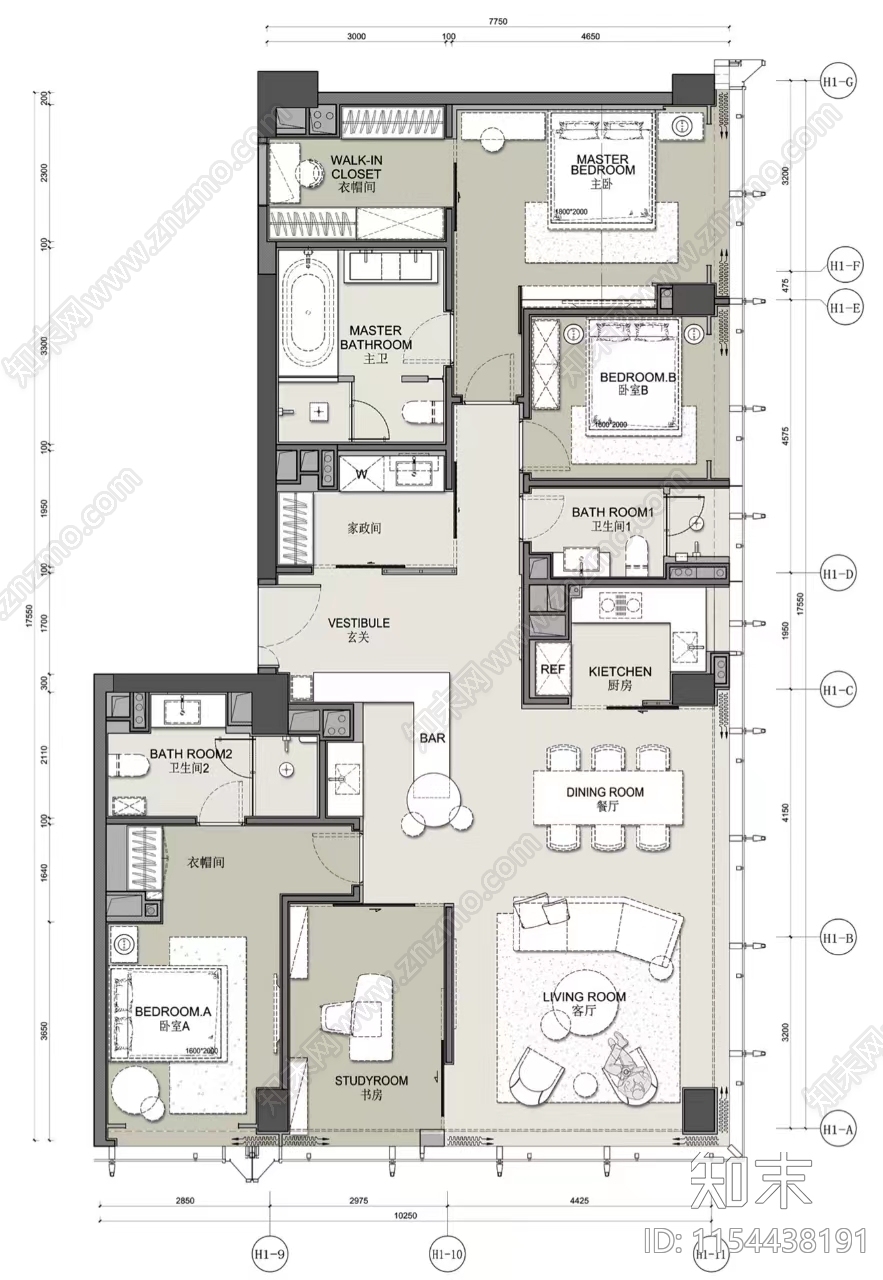 200㎡大平层户型平面图cad施工图下载【ID:1154438191】