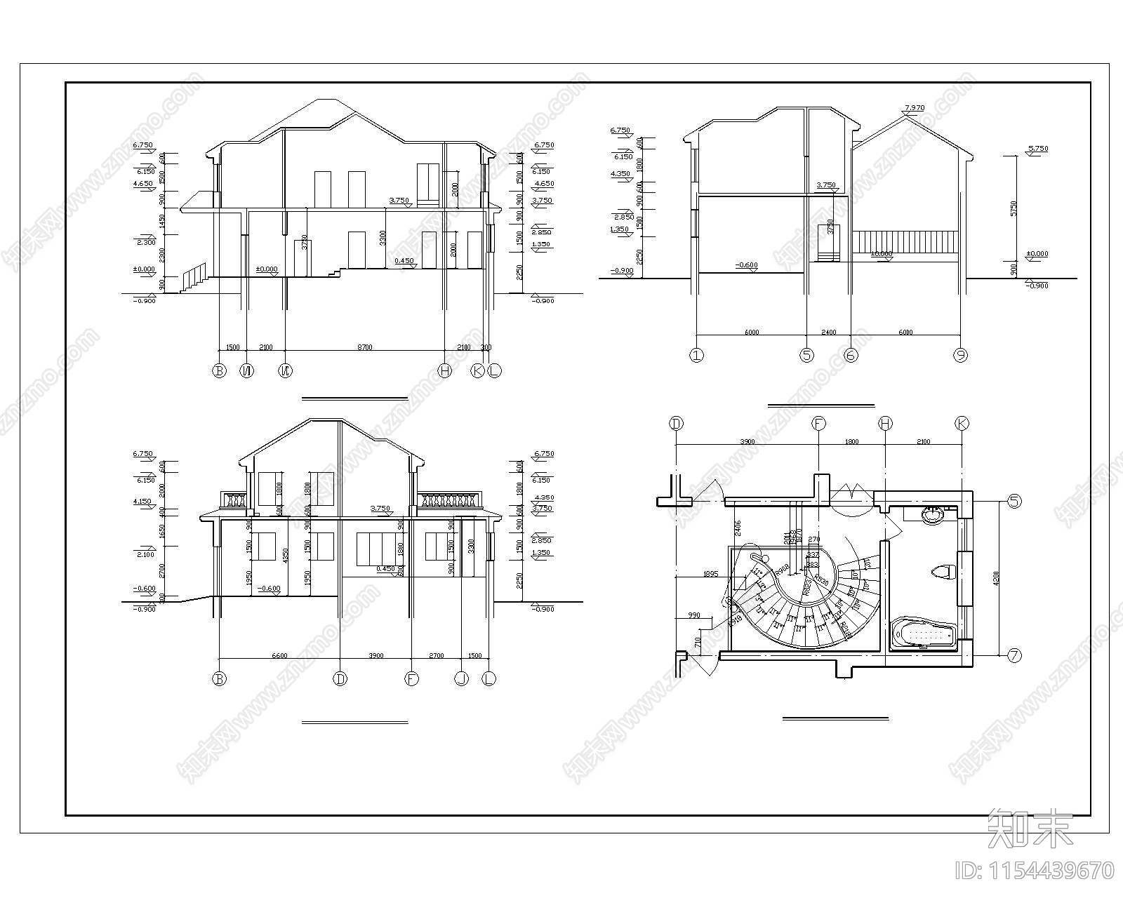 两层独栋别墅建cad施工图下载【ID:1154439670】