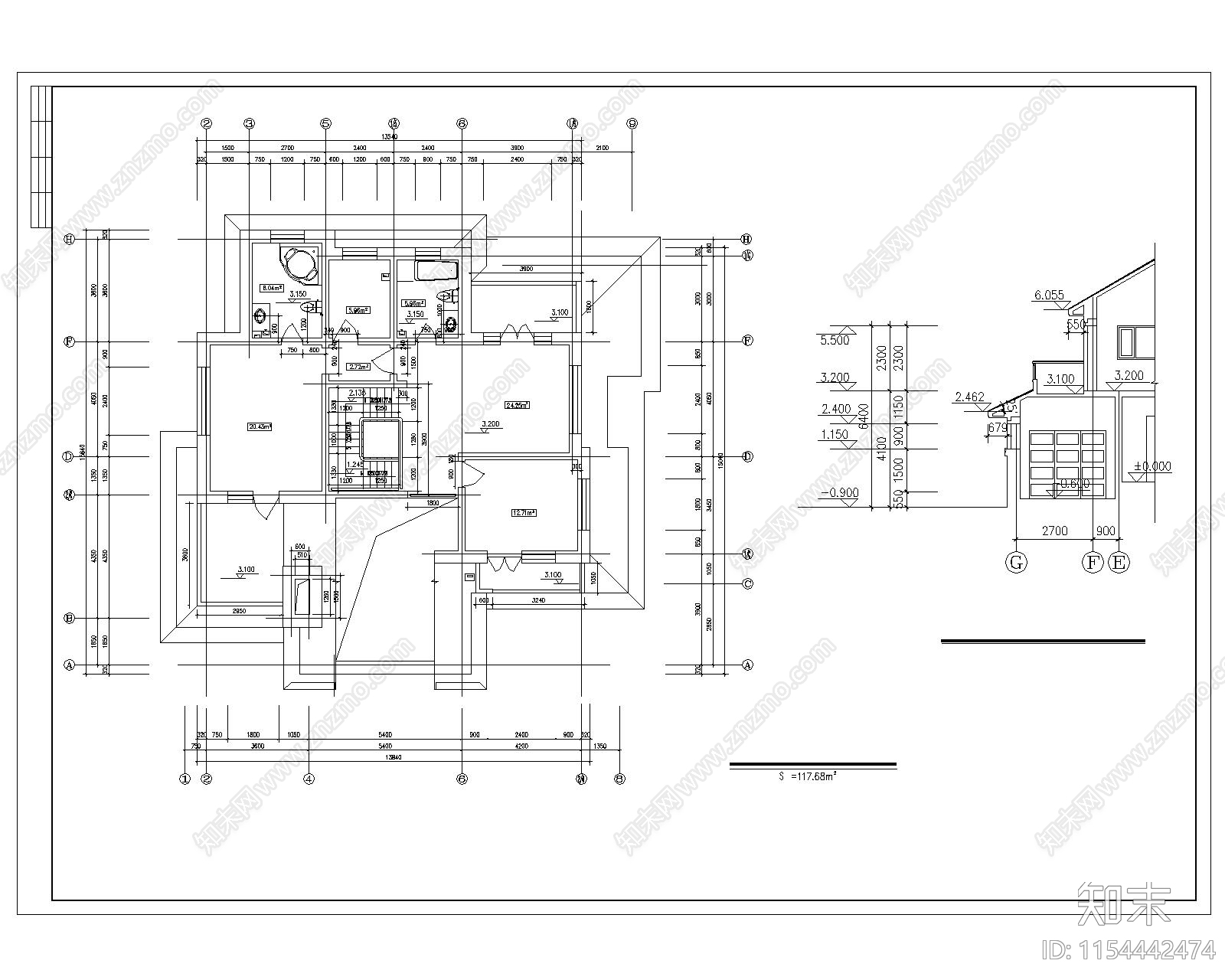 两层独栋别墅建cad施工图下载【ID:1154442474】