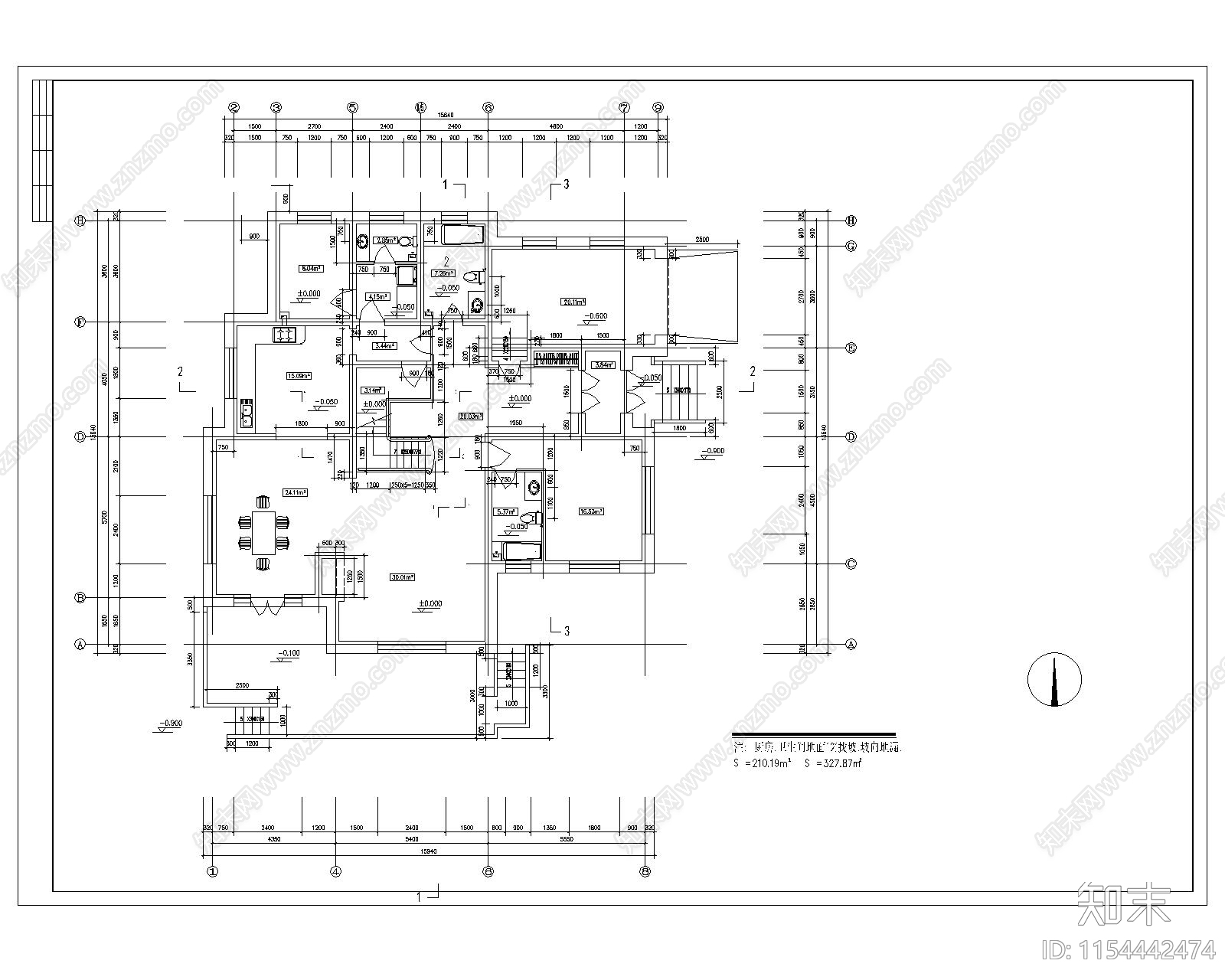 两层独栋别墅建cad施工图下载【ID:1154442474】