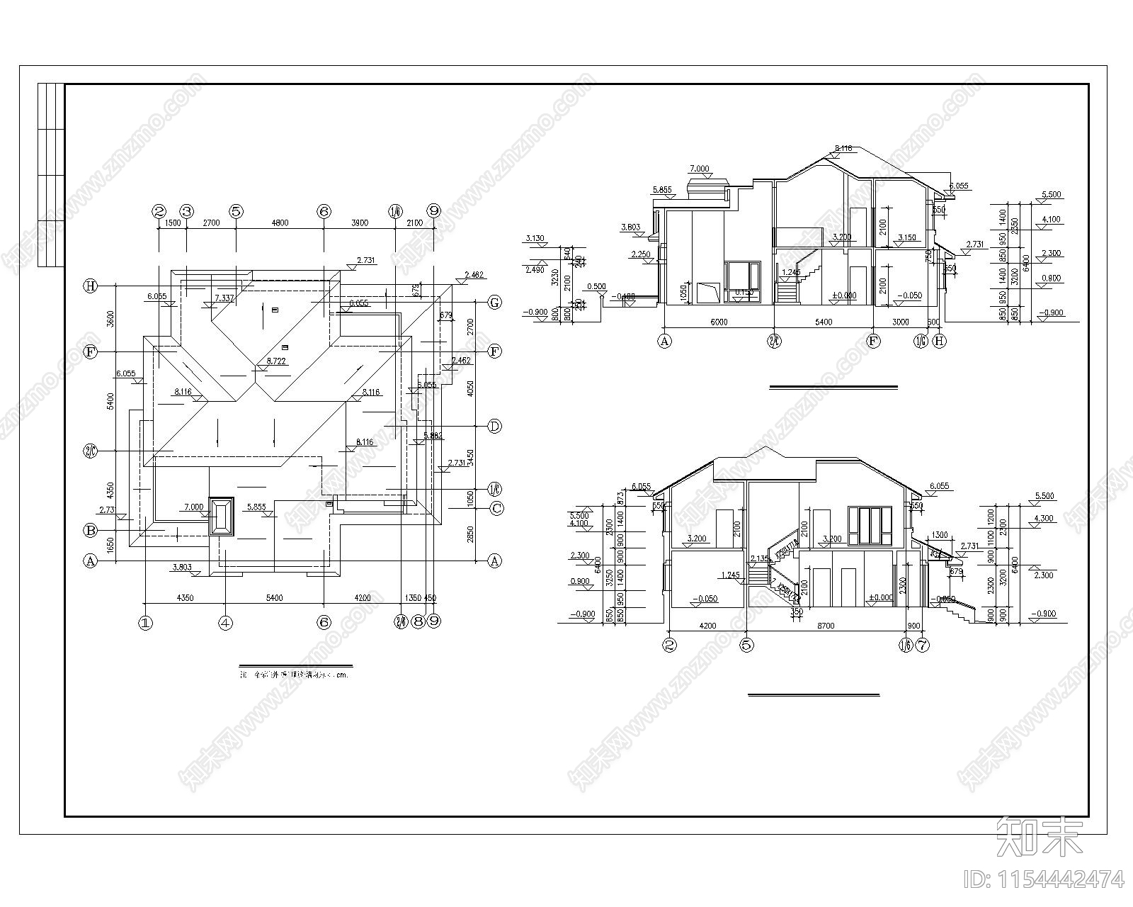 两层独栋别墅建cad施工图下载【ID:1154442474】