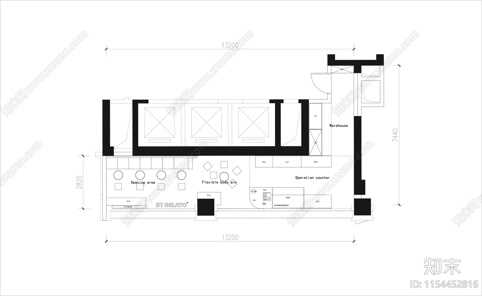 冰淇淋店平面图cad施工图下载【ID:1154452816】