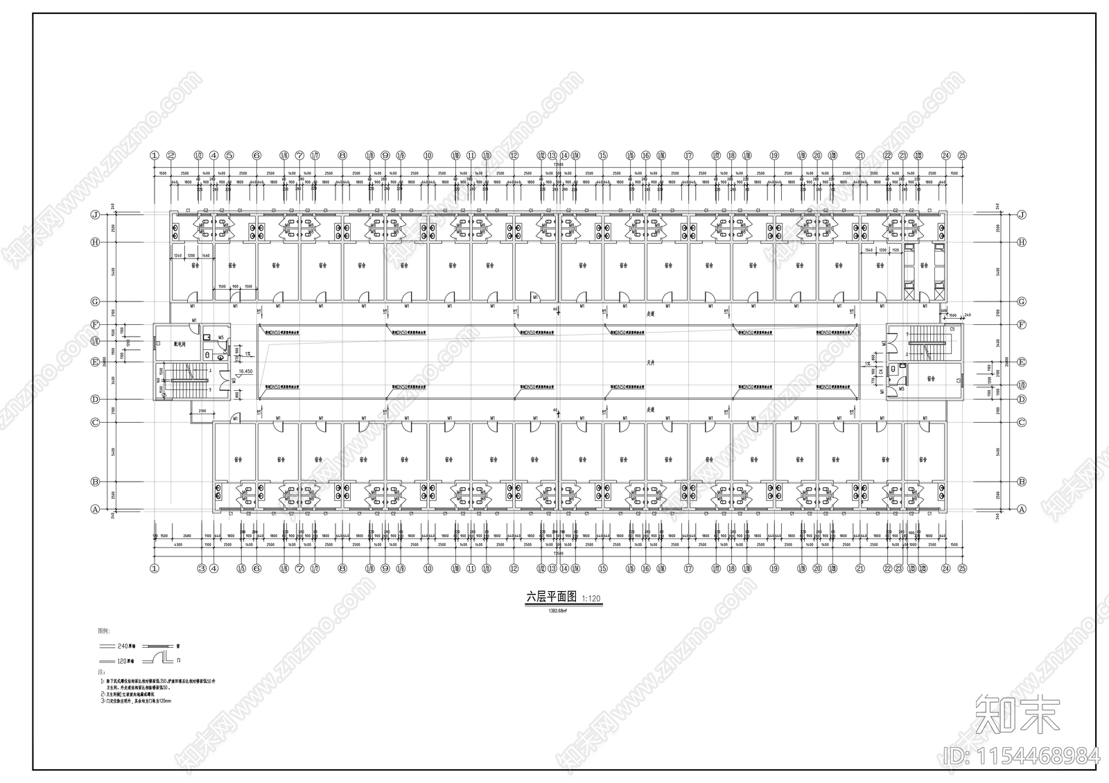 宿舍楼建筑cad施工图下载【ID:1154468984】