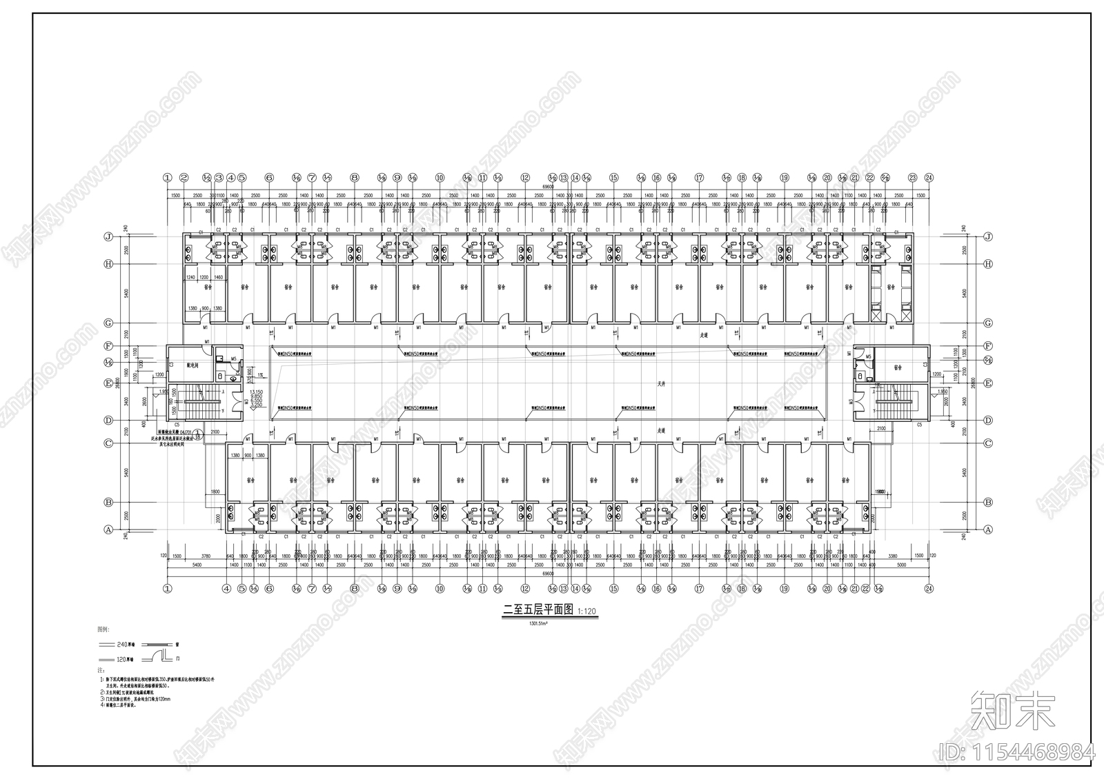 宿舍楼建筑cad施工图下载【ID:1154468984】