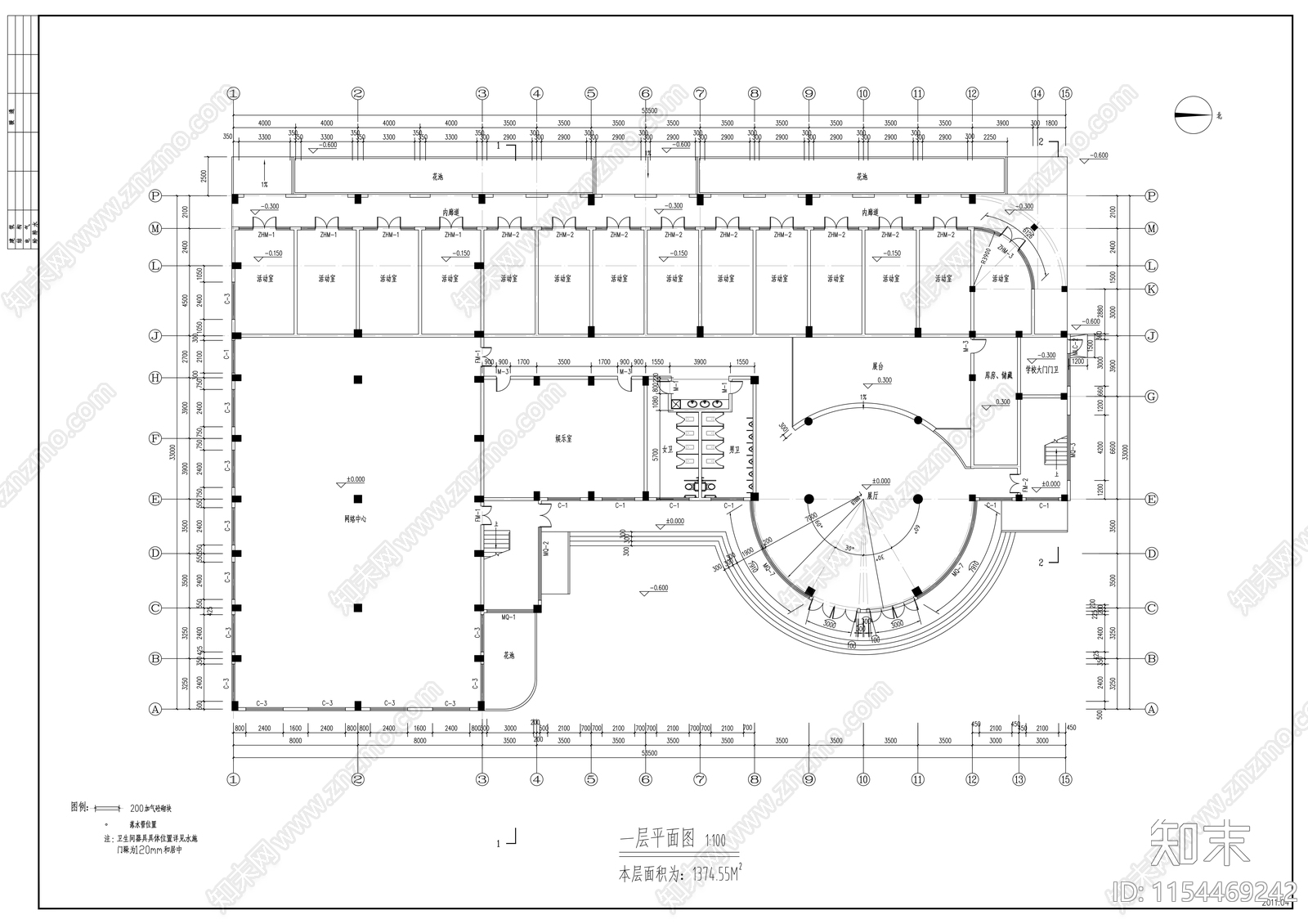 学院三层活动中心建筑扩初图cad施工图下载【ID:1154469242】