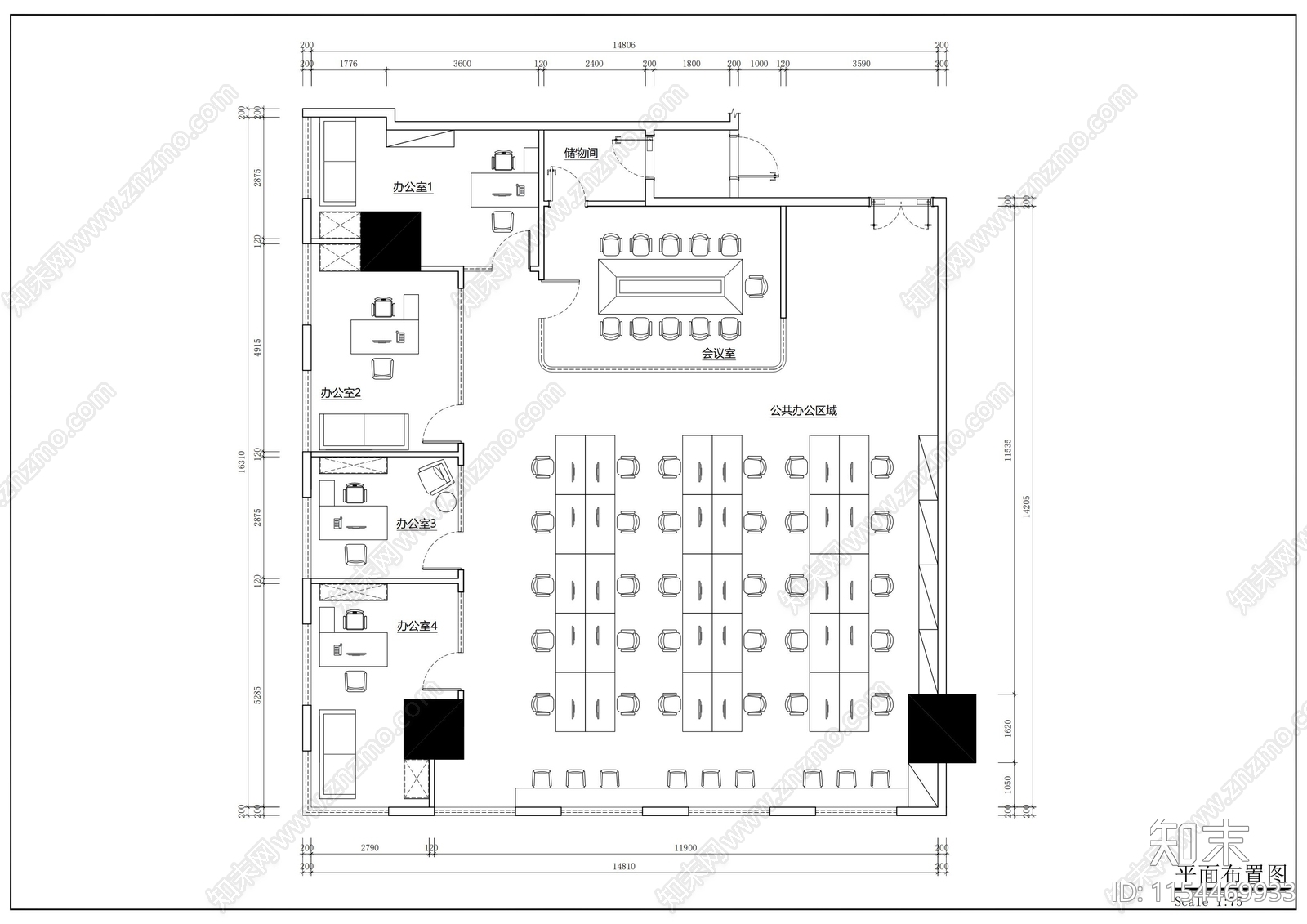 现代办公室cad施工图下载【ID:1154469933】