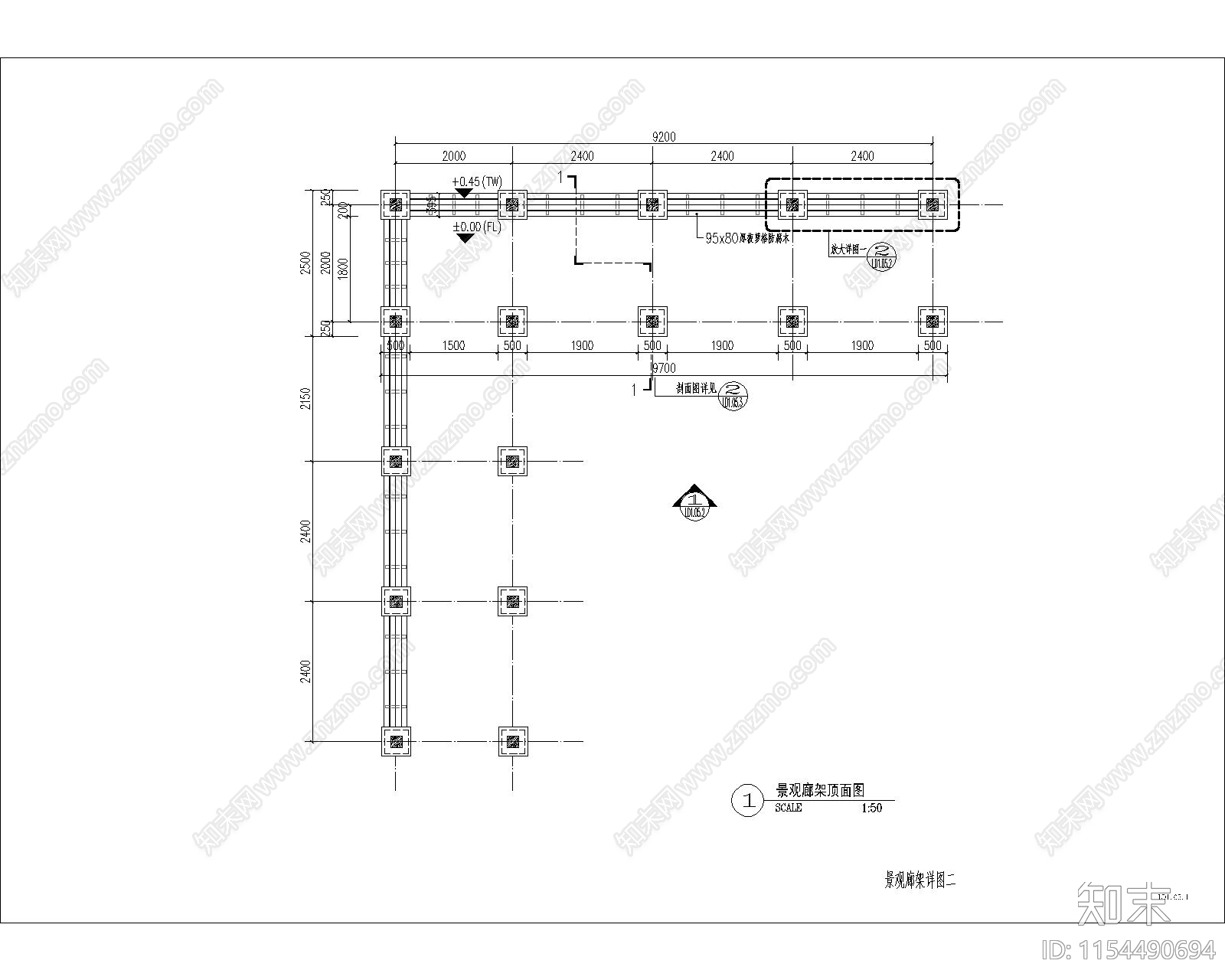 双臂木廊架cad施工图下载【ID:1154490694】