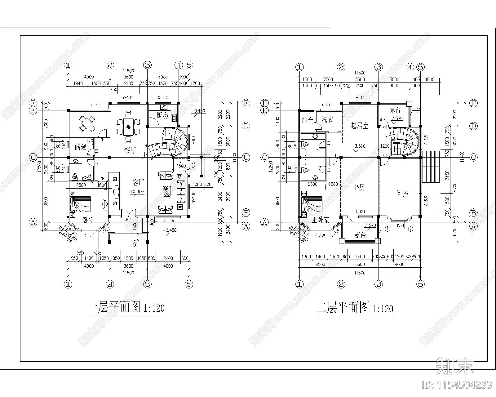 两层独栋别墅cad施工图下载【ID:1154504233】