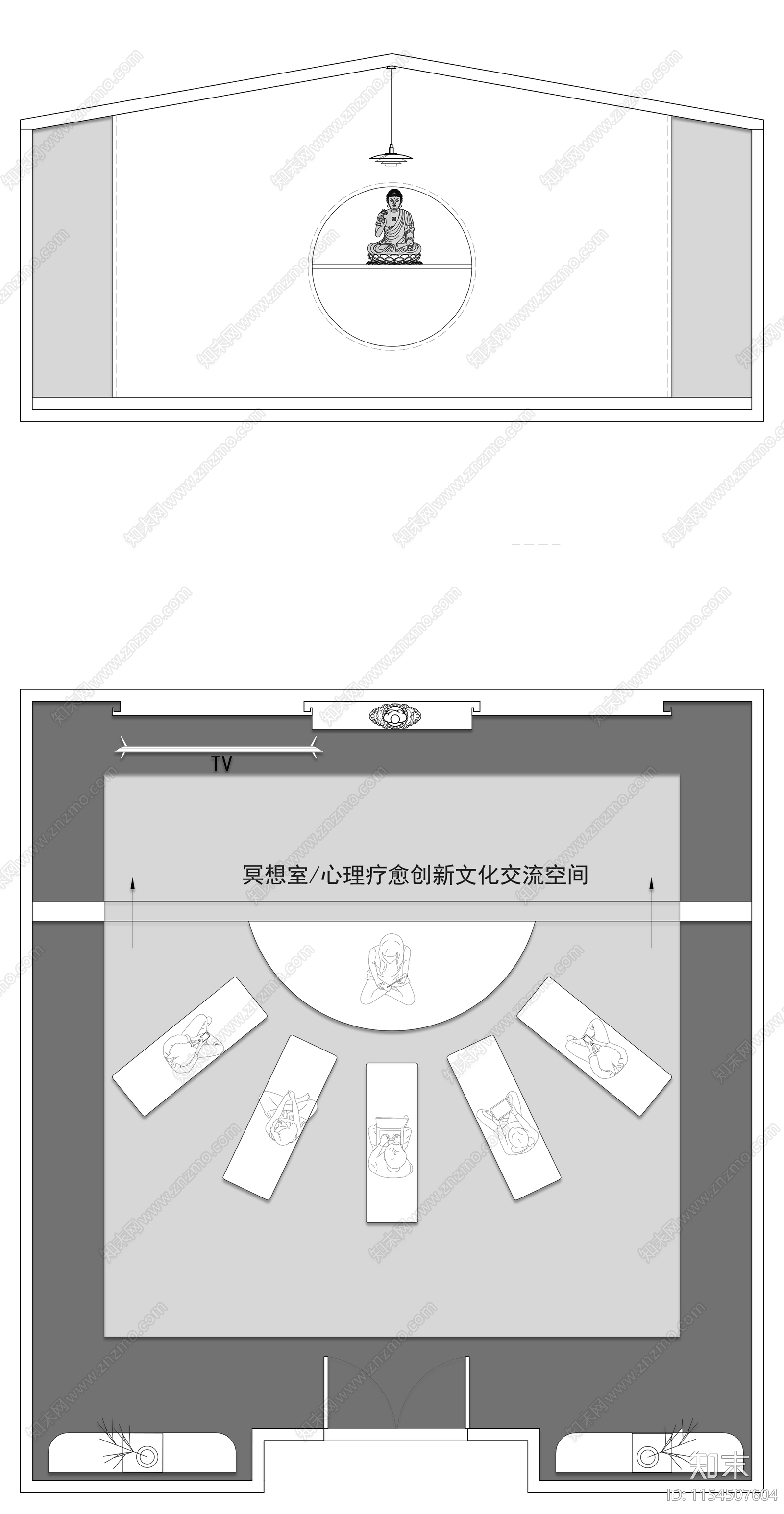 冥想室心理疗愈创新文化交流空间cad施工图下载【ID:1154507604】