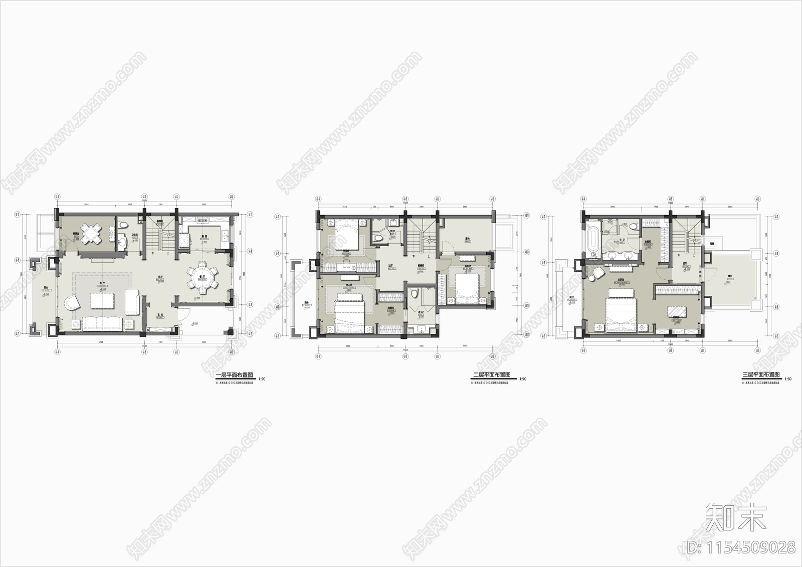 联排别墅室内平面图cad施工图下载【ID:1154509028】