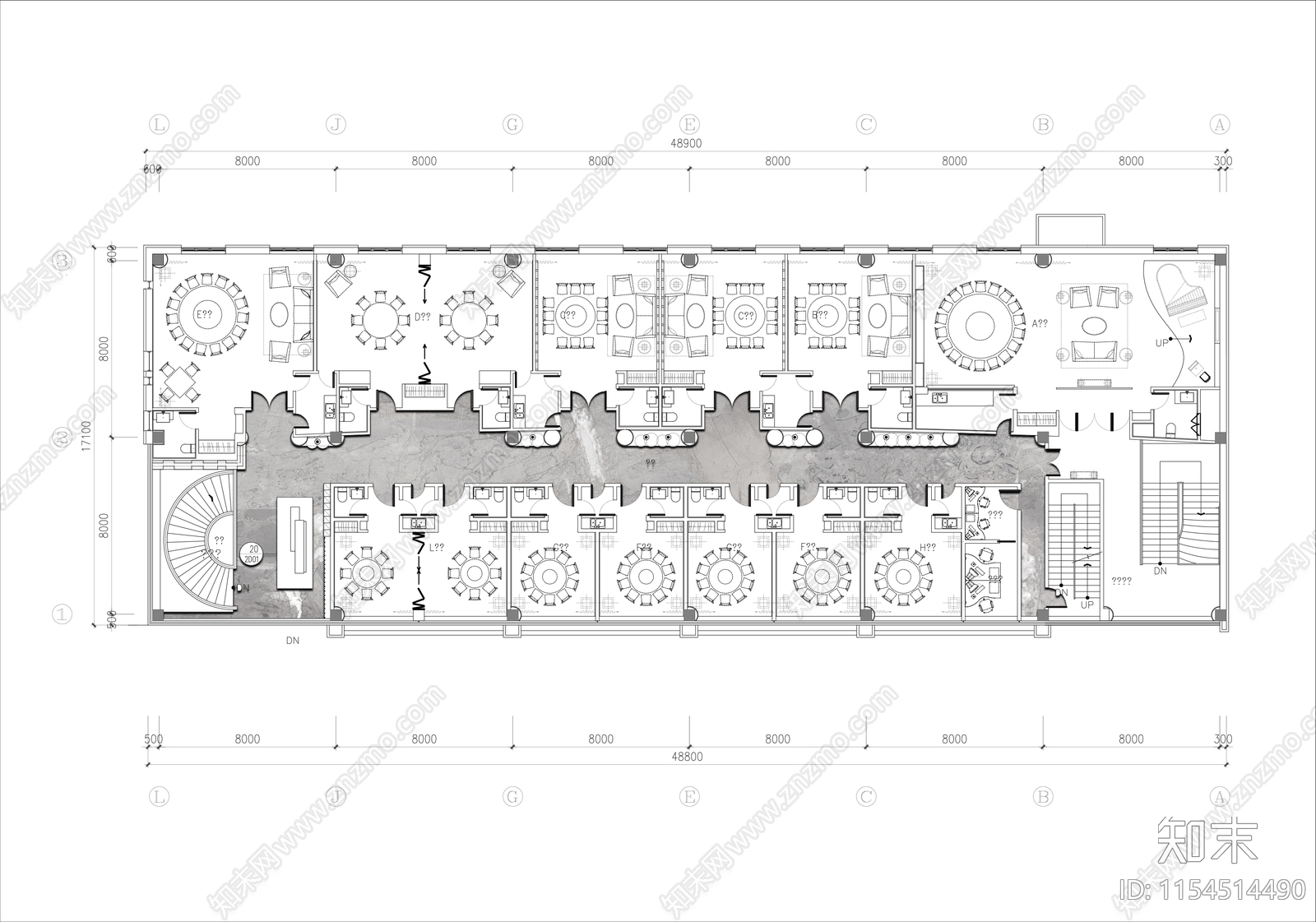 800㎡高档餐厅豪华包间平面布置图施工图下载【ID:1154514490】