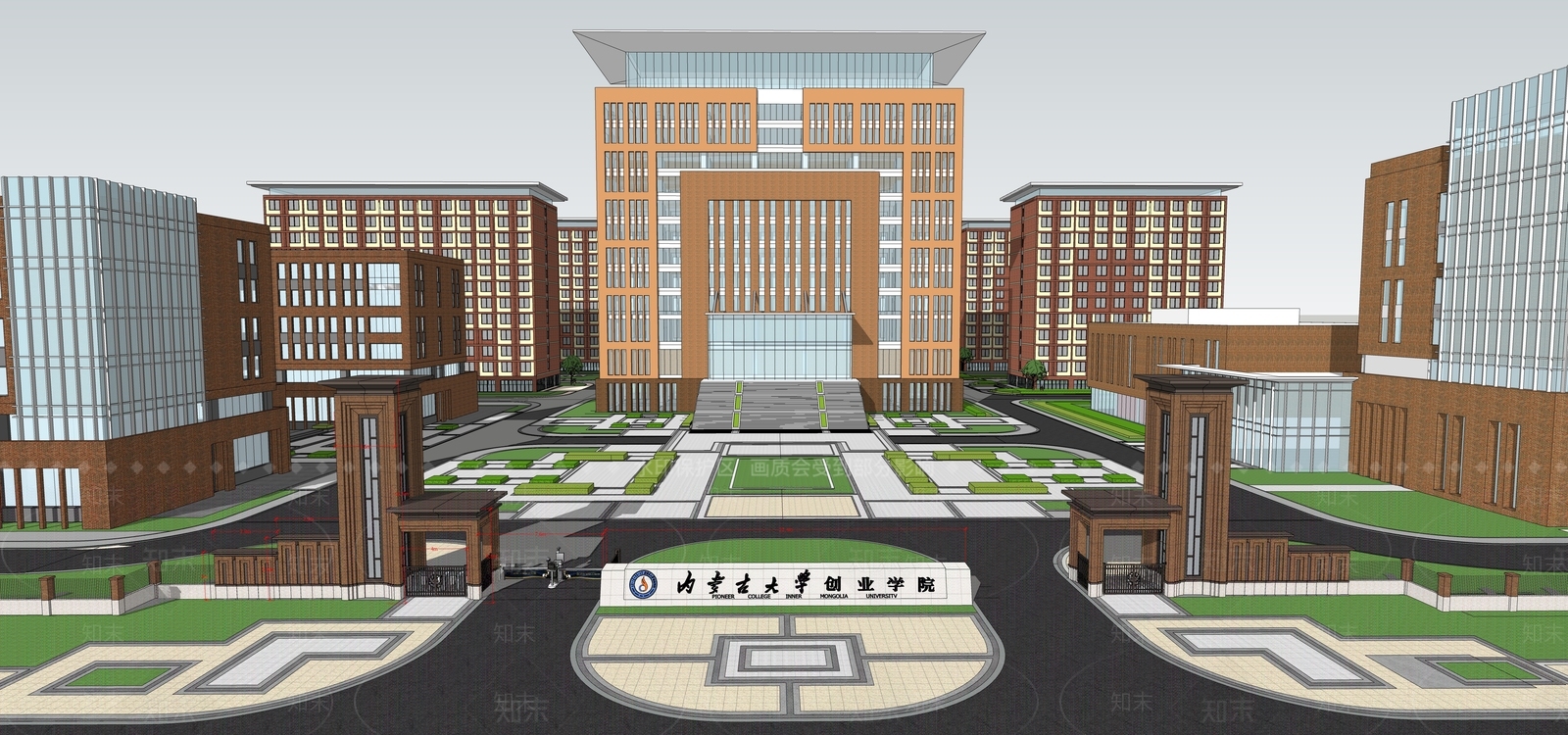 现代红砖外立面风格内蒙古大学SU模型下载【ID:1154524404】